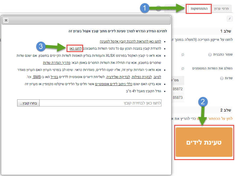 טעינת לידים מקובץ אקסל - הורדת קובץ לדוגמה