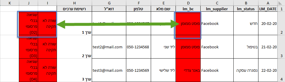 קובץ אקסל עם שגיאות - דוגמה